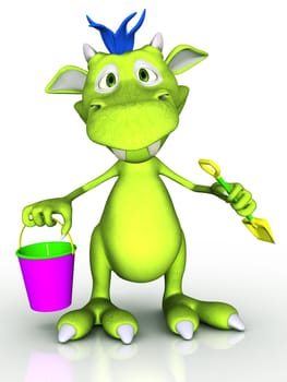 A cute cartoon monster holding a bucket and a spade. He is ready for some fun in the sand. White background.