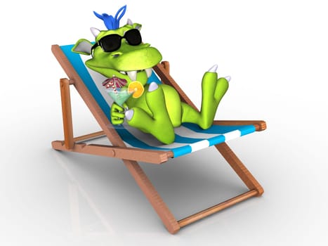 A cute cartoon monster relaxing in a beach chair. He is wearing sun glasses and holding an exotic drink in his hand. White background.