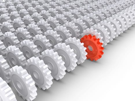 3d cogwheels in rows and one in front