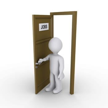 3d person is opening door that has a JOBS sign