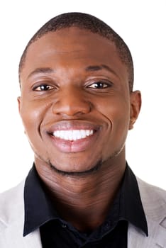 Happy smart black businessman smiling, isolated on white.