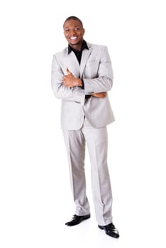 Happy successful businessman gesturing OK - thumbs up. Isolated on white.