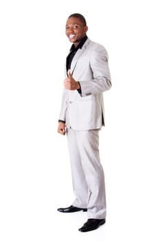 Happy successful businessman gesturing OK - thumbs up. Isolated on white.