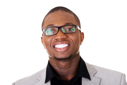 Happy smart black businessman smiling, isolated on white.
