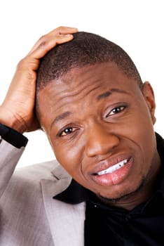 Young black troubled businessman portrait, isolated on white.
