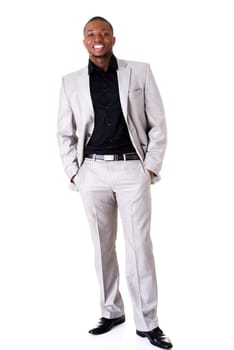 Happy smart black businessman smiling, isolated on white.
