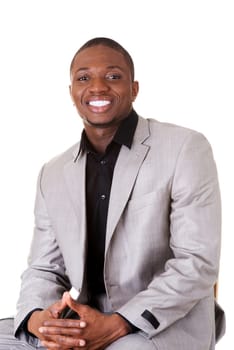 Happy smart black businessman smiling, isolated on white.
