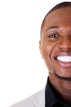 Happy smart black businessman smiling, isolated on white.