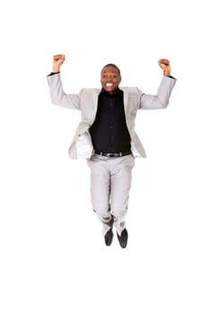 Happy successful businessman jumping with fists up. Isolated on white.
