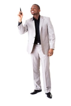 Businessman drawing something abstract with black marker, isolated on white background