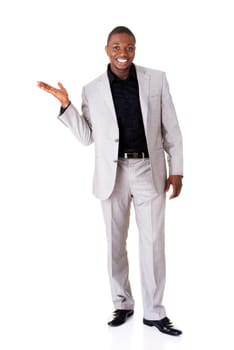 Businessman presenting something on his palm, isolated on white
