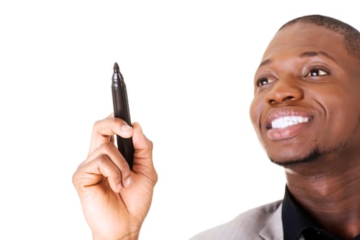 Businessman drawing something abstract with black marker, isolated on white background