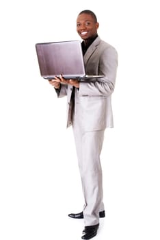 Happy businessman with laptop. Isolated on white