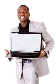 Happy businessman with laptop. Isolated on white