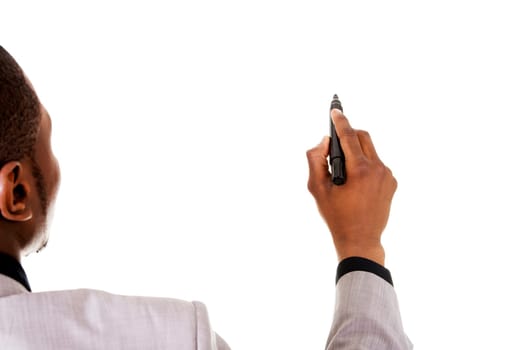 Businessman drawing something abstract with black marker, isolated on white background