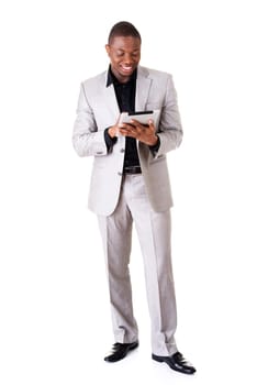 Handsome businessman with tablet , isolated on white