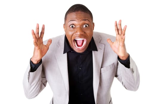 Young shocked businessman, isolated on white