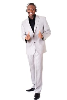 Charming customer service representative with headset on gesturing thumbs up.