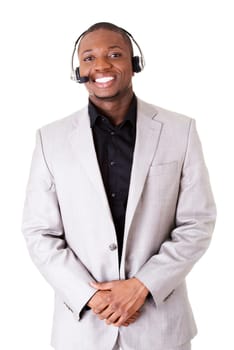 Support phone operator in headset isoalted on white.