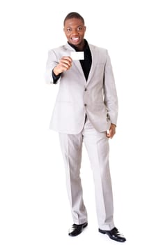 Businessman with blank business card, isolated on white