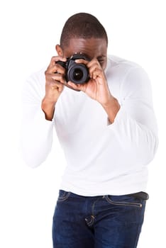 Photographer at work with DSLR, isoalted on white