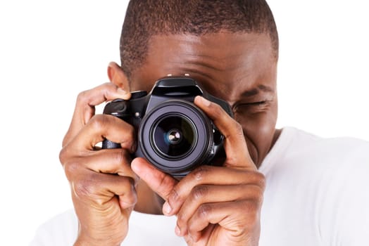 Photographer at work with DSLR, isoalted on white