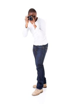 Photographer at work with DSLR, isoalted on white