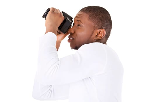 Photographer at work with DSLR, isoalted on white