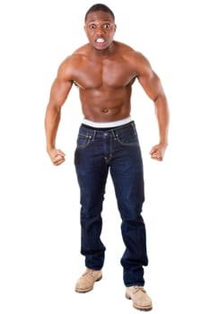 Angry black muscular man, isolated on white