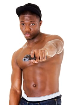 Afro american man standing with gun in hand. Thug and gangsta concept.
