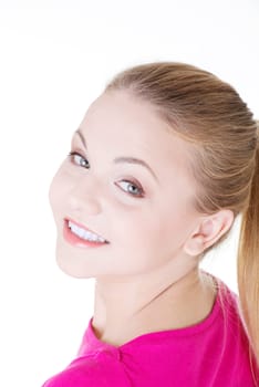 Happy casual blond woman portrait, isolated on white background