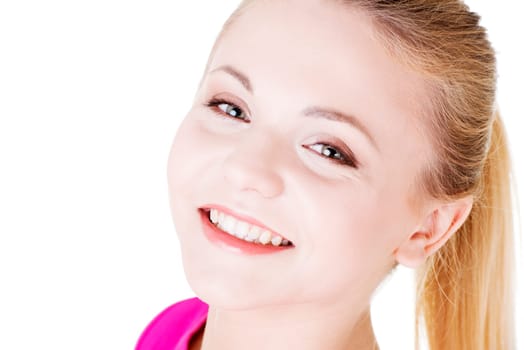 Happy casual blond woman portrait, isolated on white background