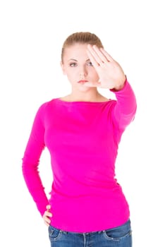 Hold on, Stop gesture showed by young woman hand