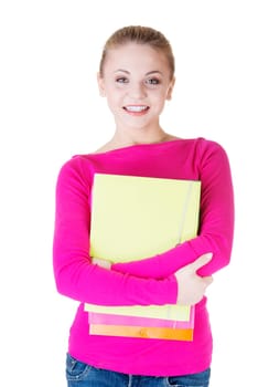 Happy blond student girl, isolated on white