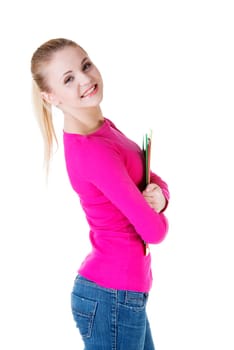 Happy blond student girl, isolated on white
