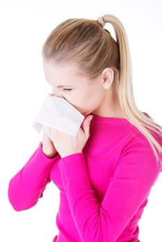 Teen woman with allergy or cold, isolated on white background