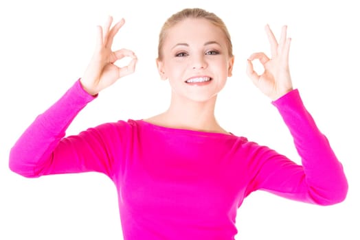 Happy teen girl gesturing perfect, isolated on white