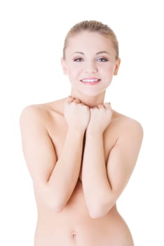 Sensual topless beautiful blond girl, isolated on white