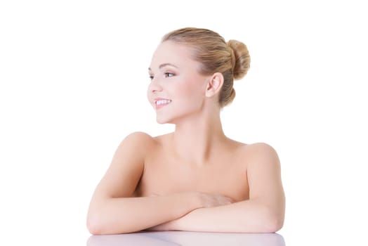 Portrait of a beautiful happy woman on white background