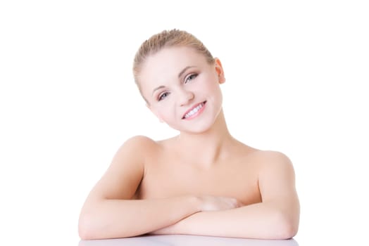 Portrait of a beautiful happy woman on white background