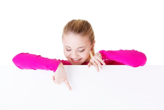 Portrait young happy woman with blank board , isolated on white