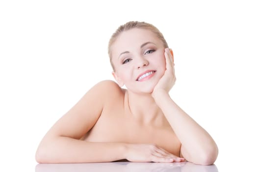 Portrait of a beautiful happy woman on white background