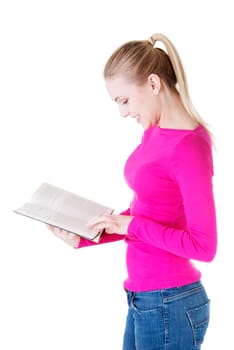 Blond woman reading book , isolated on white background