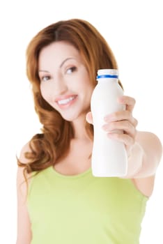 Happy woman with bottle of kefir, isolated on white