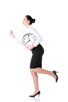 Business woman running late with clock under arm.