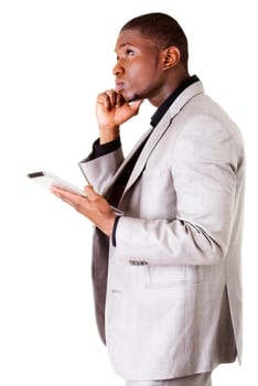 Handsome businessman with tablet , isolated on white