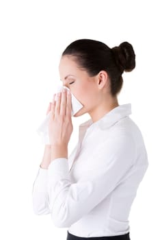 Woman with allergy or cold, isolated on white background