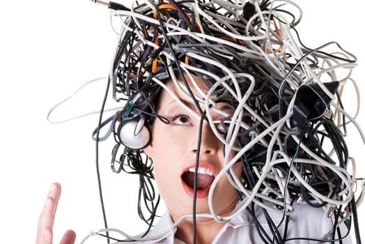 Troubled shocked businesswoman with cables on head