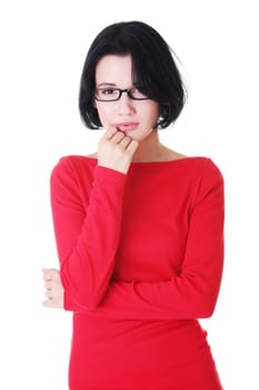 Thoughtful woman with problem, isolated on white