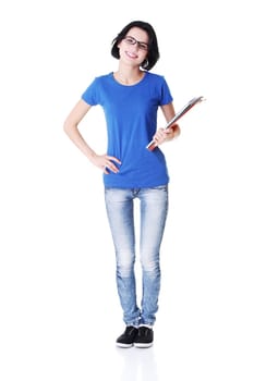 Happy student woman with notebooks, isoalted on white background